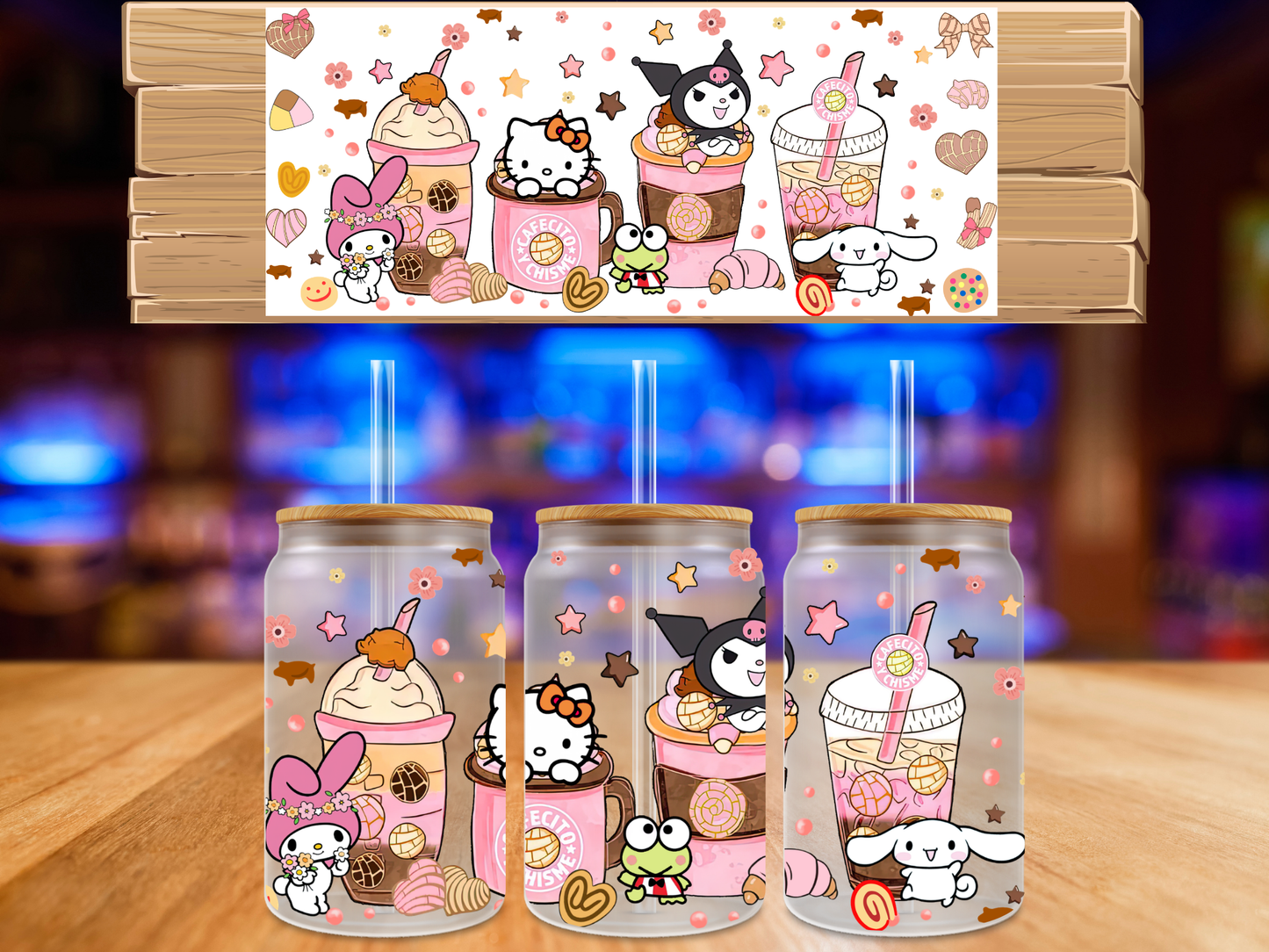 UV DTF Kitty and friends' coffee